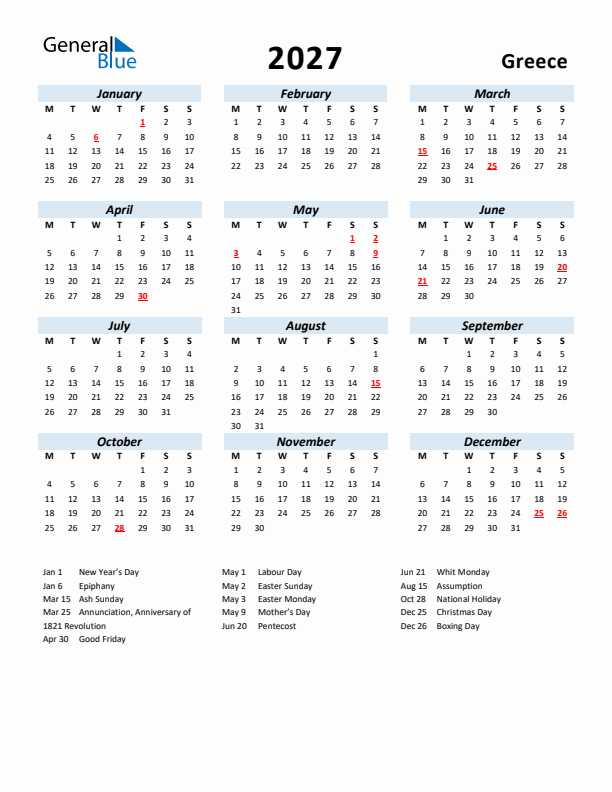 2027 Calendar for Greece with Holidays