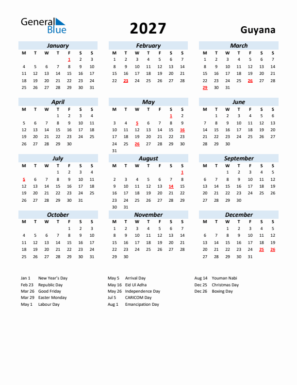 2027 Calendar for Guyana with Holidays