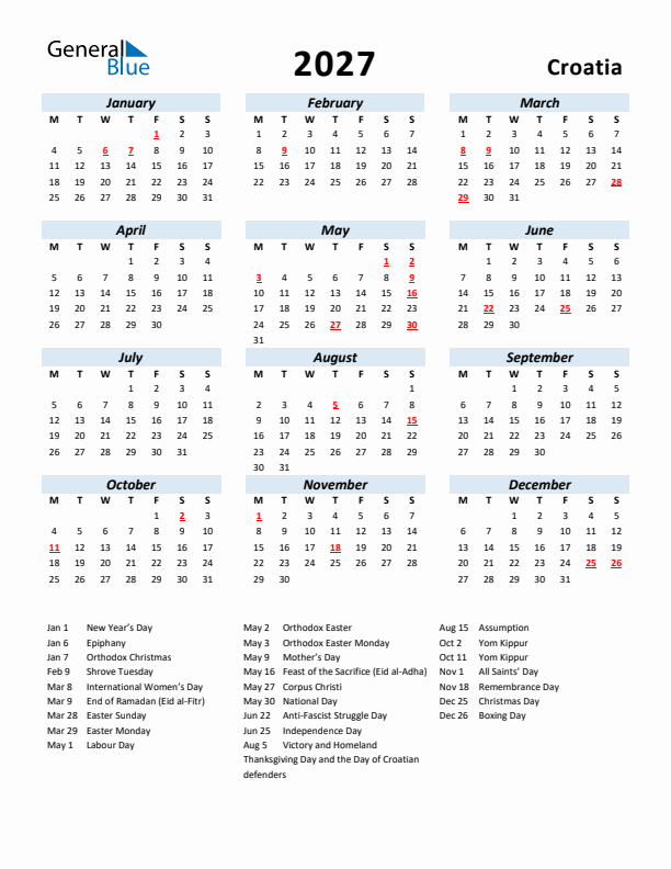 2027 Calendar for Croatia with Holidays