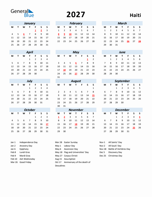 2027 Calendar for Haiti with Holidays