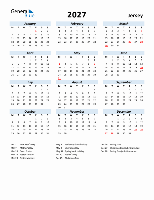 2027 Calendar for Jersey with Holidays