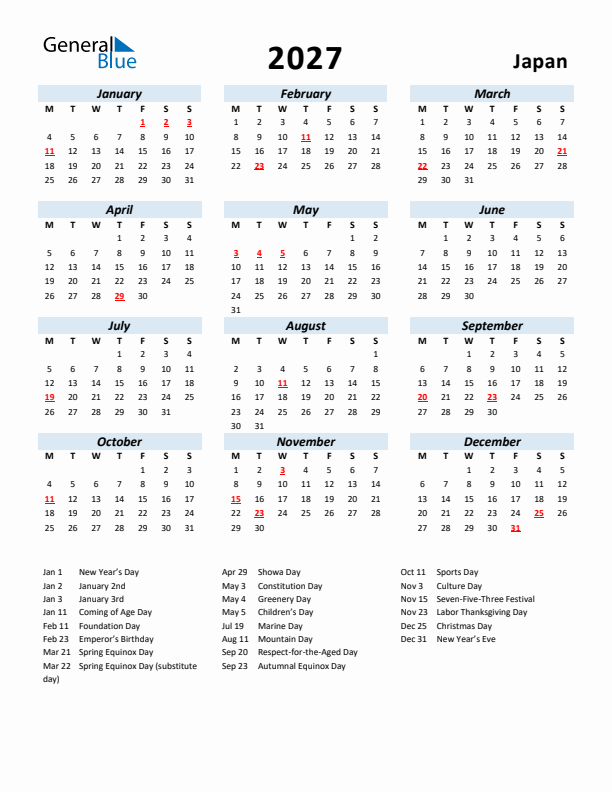 2027 Calendar for Japan with Holidays