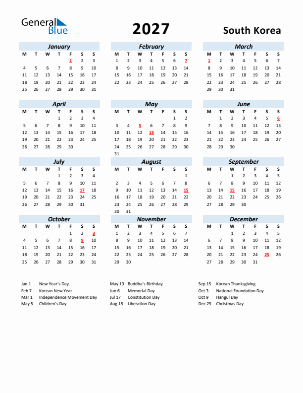 2027 Calendar for South Korea with Holidays