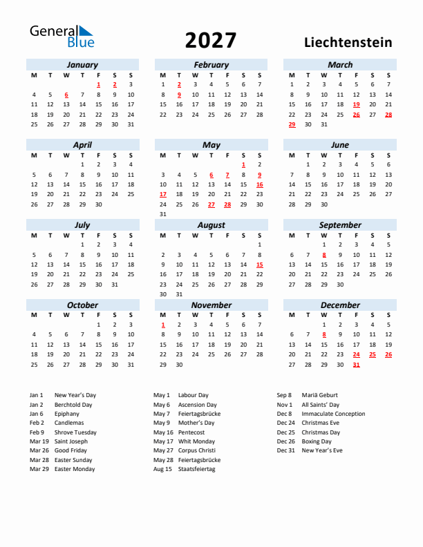 2027 Calendar for Liechtenstein with Holidays