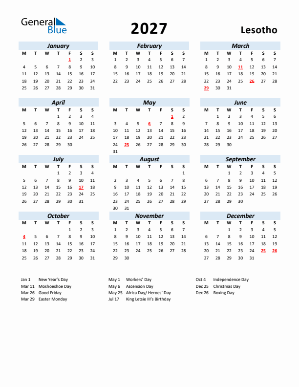 2027 Calendar for Lesotho with Holidays
