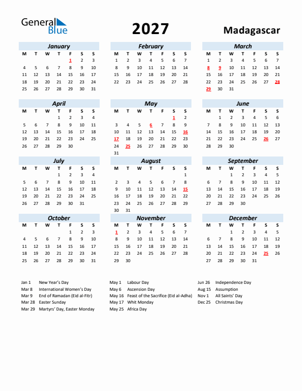 2027 Calendar for Madagascar with Holidays