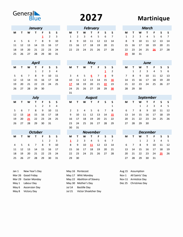 2027 Calendar for Martinique with Holidays