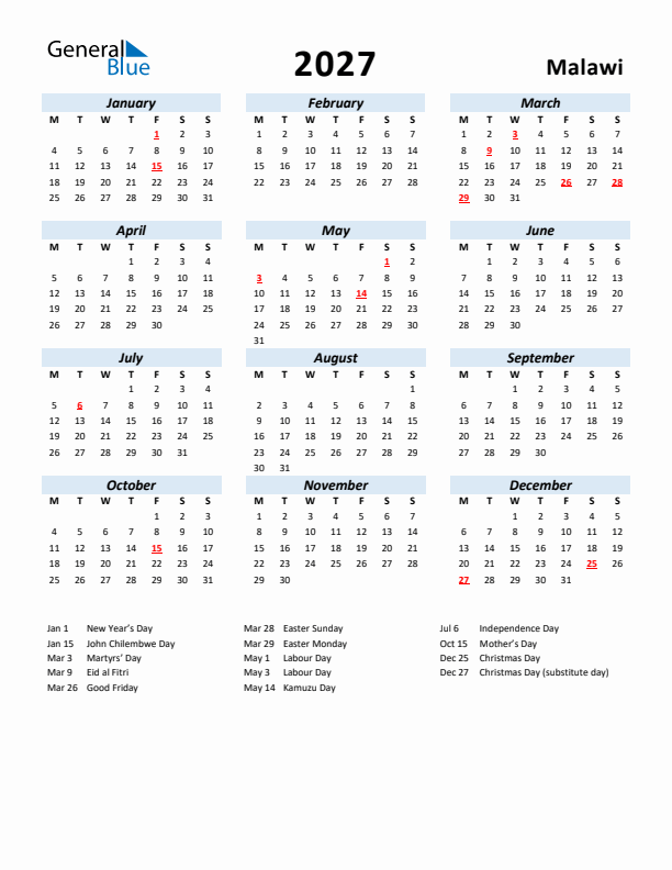2027 Calendar for Malawi with Holidays