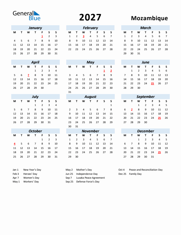 2027 Calendar for Mozambique with Holidays