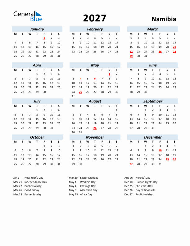 2027 Calendar for Namibia with Holidays