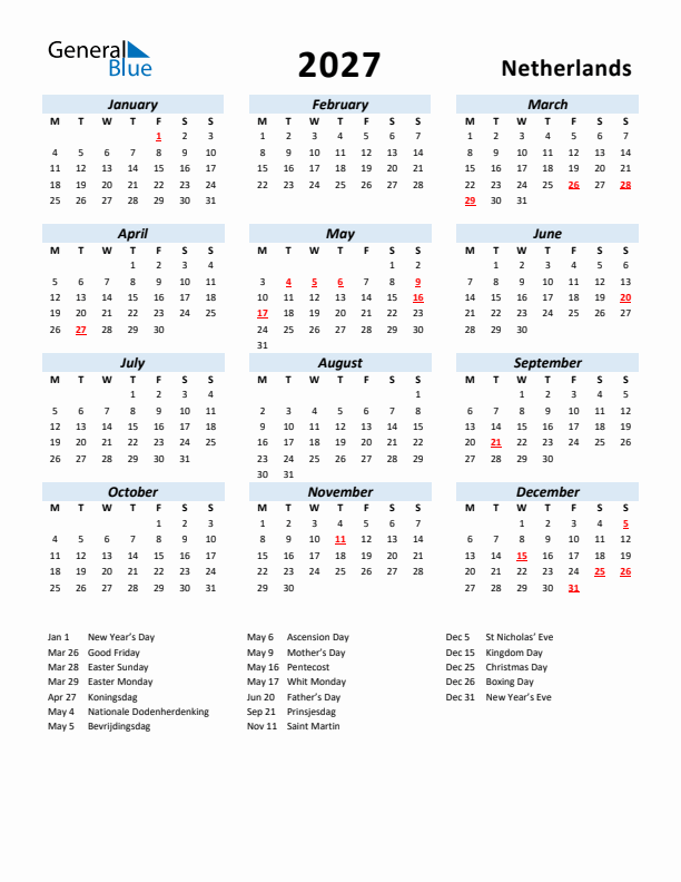 2027 Calendar for The Netherlands with Holidays