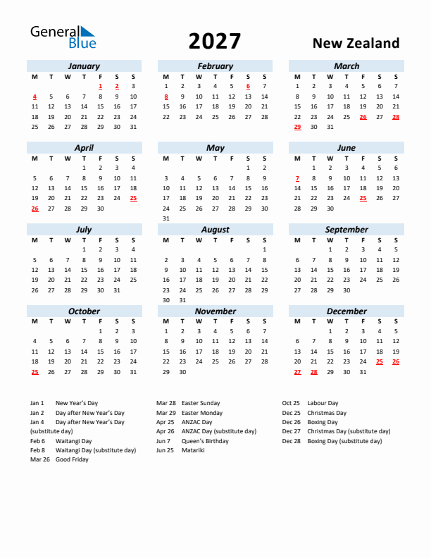 2027 Calendar for New Zealand with Holidays