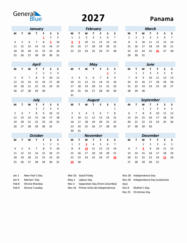 2027 Calendar for Panama with Holidays