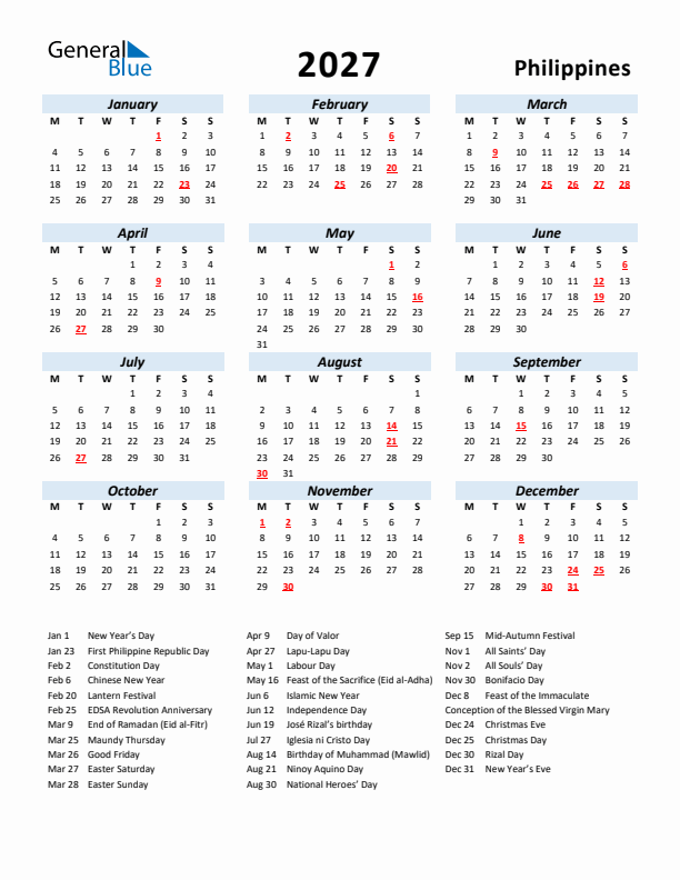 2027 Calendar for Philippines with Holidays