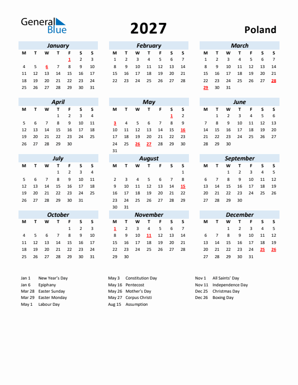 2027 Calendar for Poland with Holidays