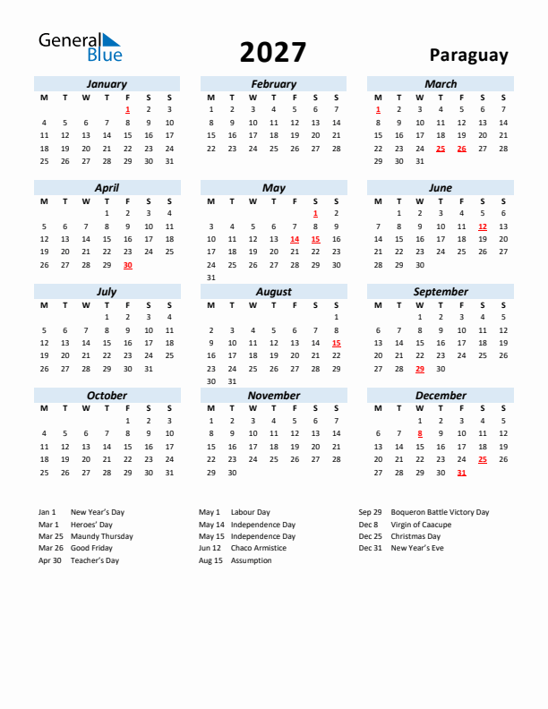 2027 Calendar for Paraguay with Holidays