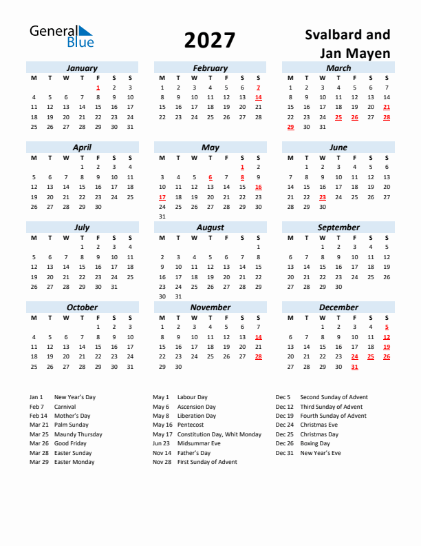 2027 Calendar for Svalbard and Jan Mayen with Holidays