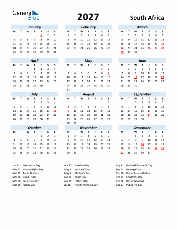 2027 Calendar for South Africa with Holidays