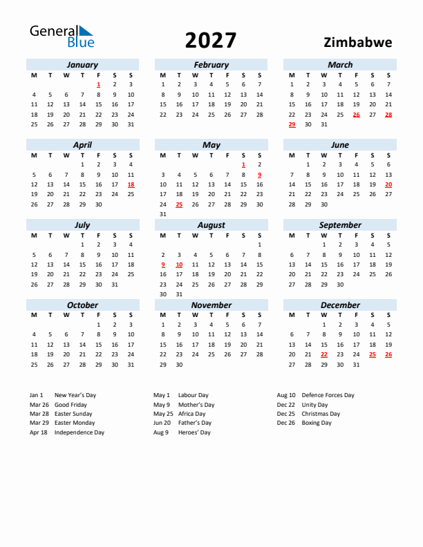 2027 Calendar for Zimbabwe with Holidays