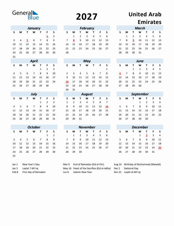 2027 Calendar for United Arab Emirates with Holidays