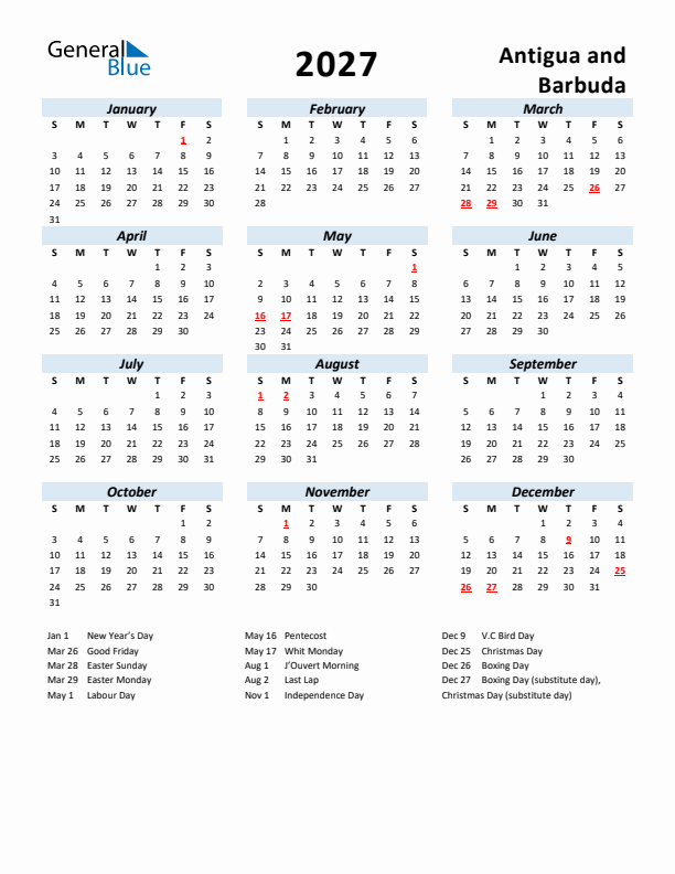2027 Calendar for Antigua and Barbuda with Holidays