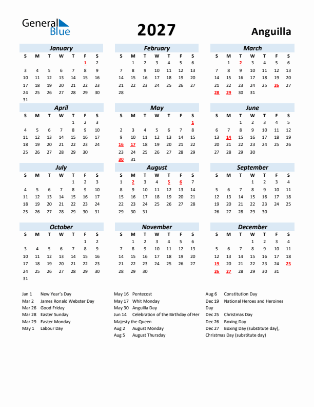 2027 Calendar for Anguilla with Holidays