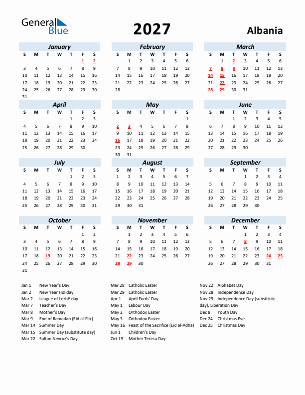 2027 Calendar for Albania with Holidays
