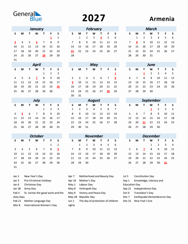 2027 Calendar for Armenia with Holidays