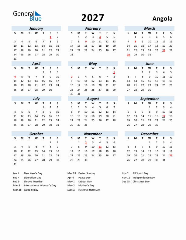 2027 Calendar for Angola with Holidays