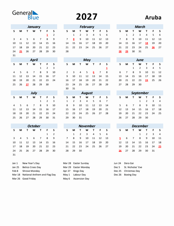 2027 Calendar for Aruba with Holidays