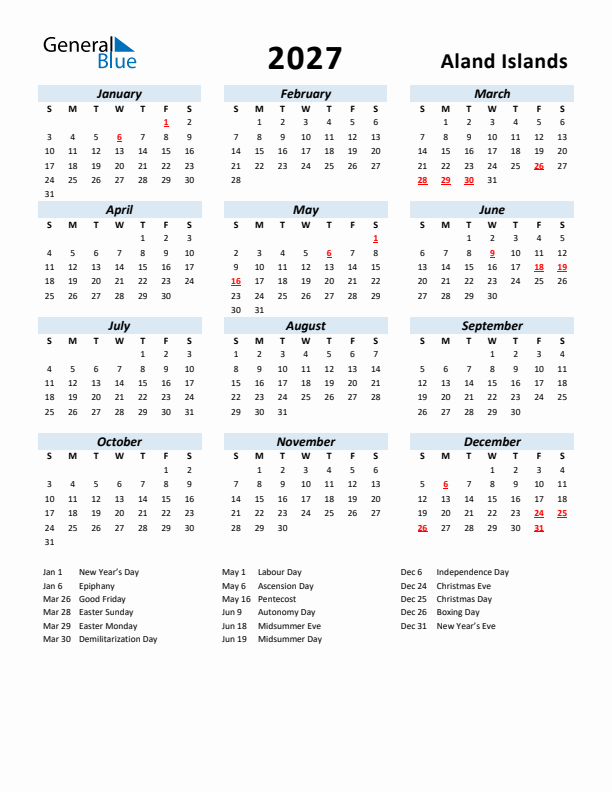 2027 Calendar for Aland Islands with Holidays