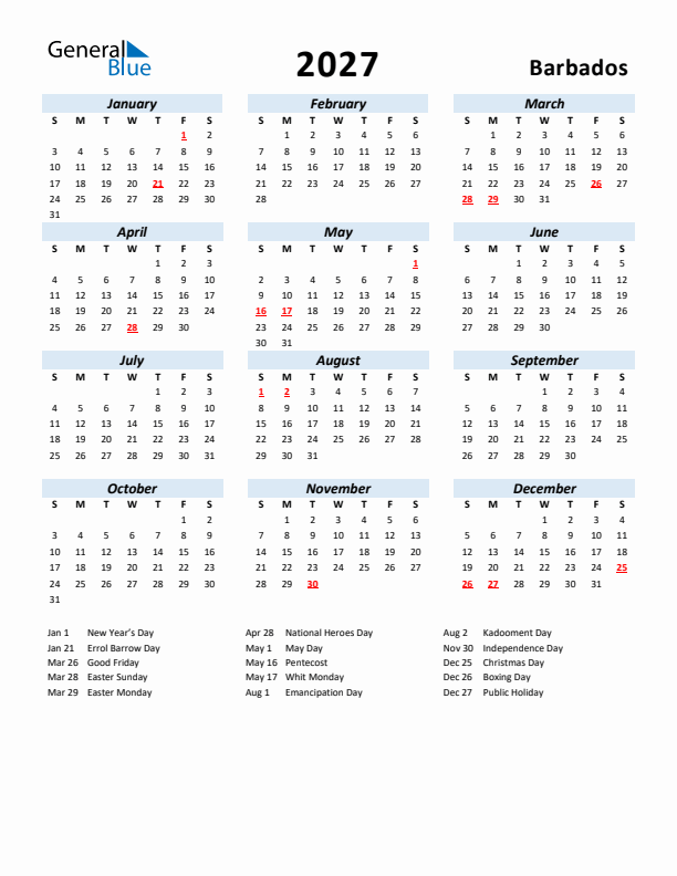 2027 Calendar for Barbados with Holidays
