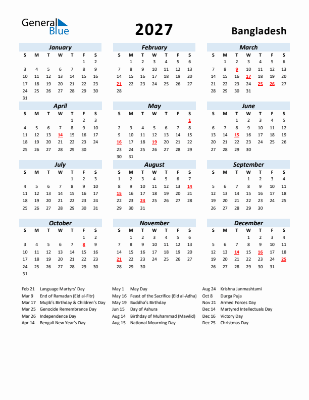 2027 Calendar for Bangladesh with Holidays