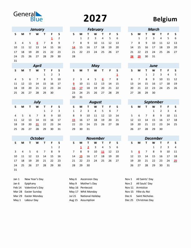 2027 Calendar for Belgium with Holidays