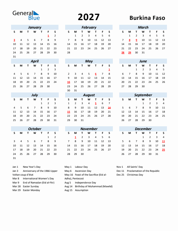 2027 Calendar for Burkina Faso with Holidays