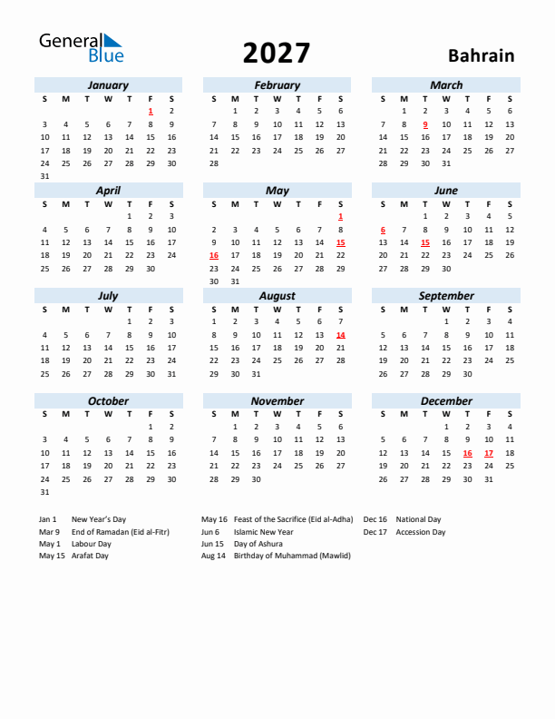 2027 Calendar for Bahrain with Holidays