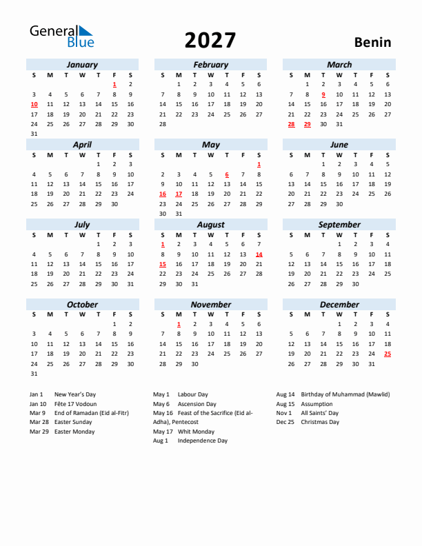 2027 Calendar for Benin with Holidays