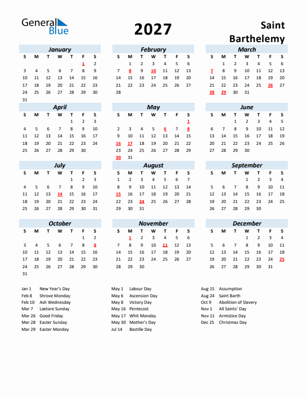2027 Calendar for Saint Barthelemy with Holidays