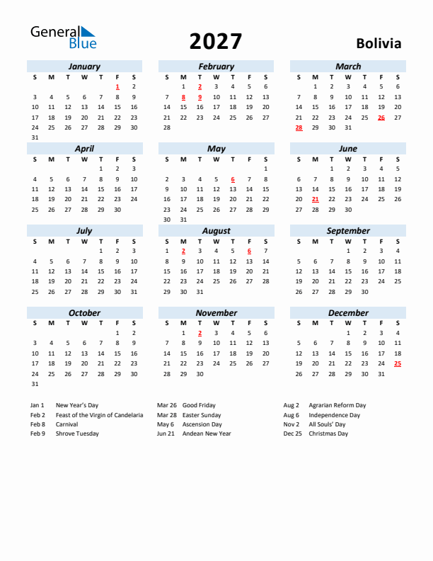2027 Calendar for Bolivia with Holidays