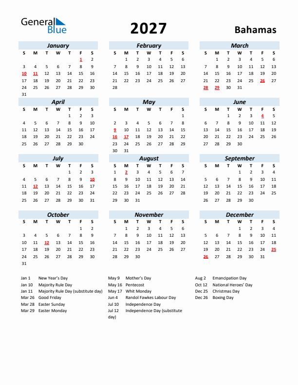 2027 Calendar for Bahamas with Holidays