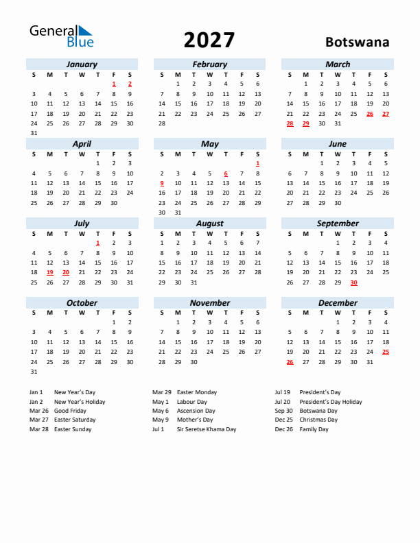 2027 Calendar for Botswana with Holidays