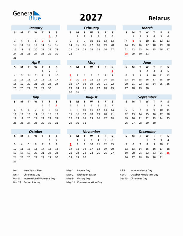 2027 Calendar for Belarus with Holidays