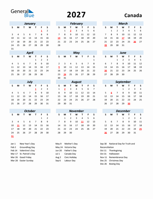 2027 Calendar for Canada with Holidays