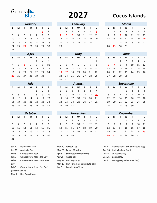 2027 Calendar for Cocos Islands with Holidays