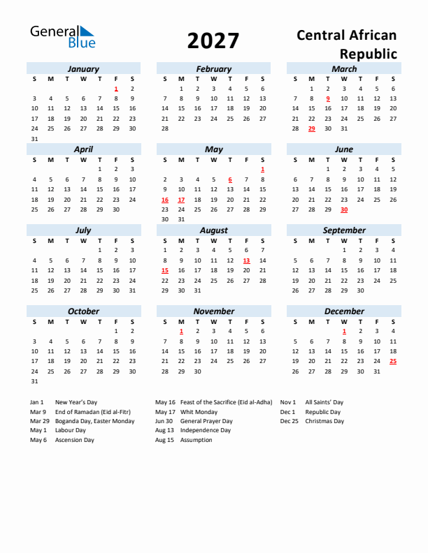 2027 Calendar for Central African Republic with Holidays