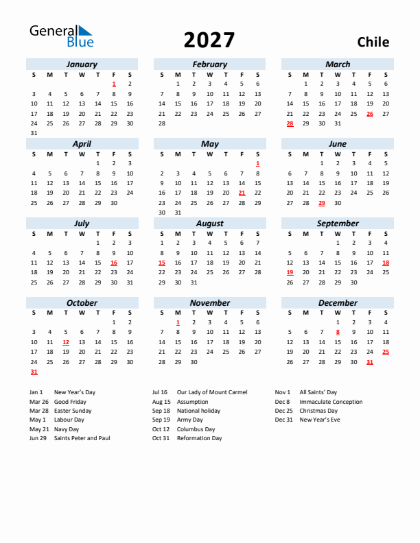 2027 Calendar for Chile with Holidays