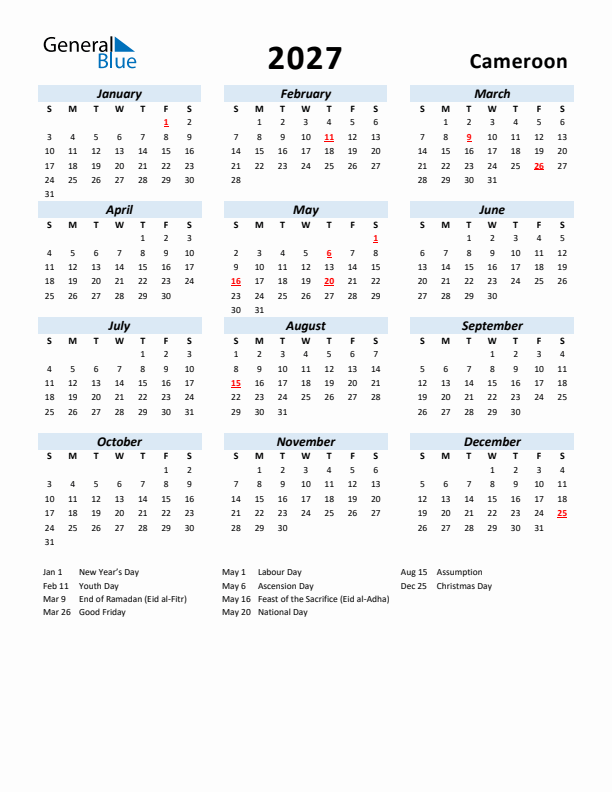 2027 Calendar for Cameroon with Holidays