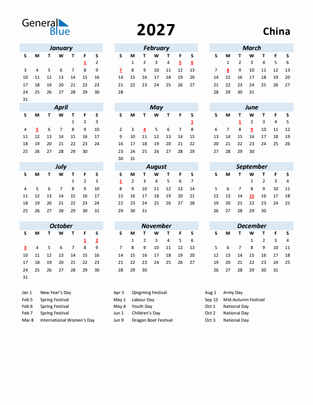 2027 Calendar for China with Holidays