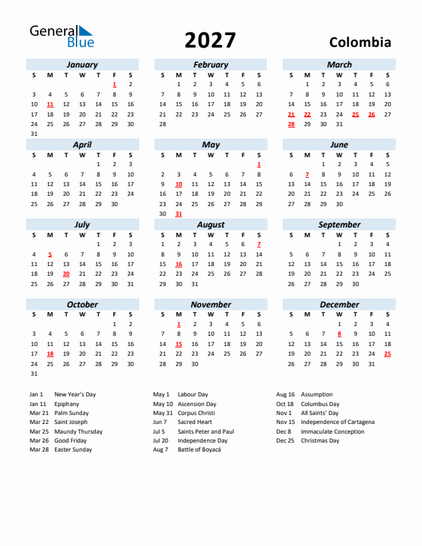 2027 Calendar for Colombia with Holidays