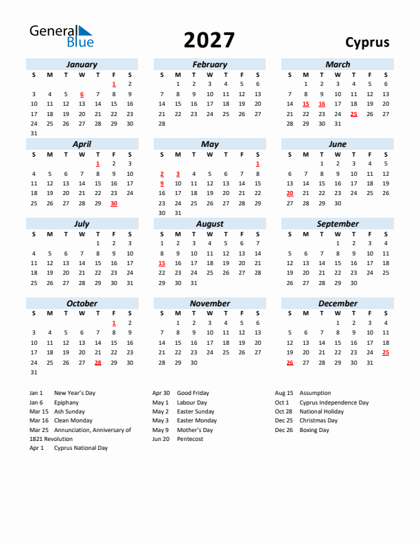 2027 Calendar for Cyprus with Holidays
